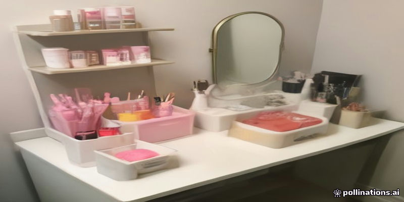 서늘한 화장대에 정리된 화장품과 날짜 스티커